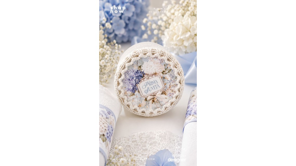 Trusou Botez Băiat Blue Hydrangea Hortensii Bleu și Monogramă Regală 1